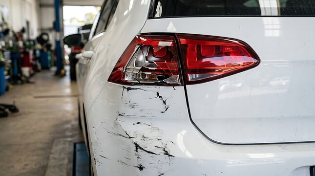 Rear view of a white car with a damaged taillight and scratched bumper in an auto repair shop