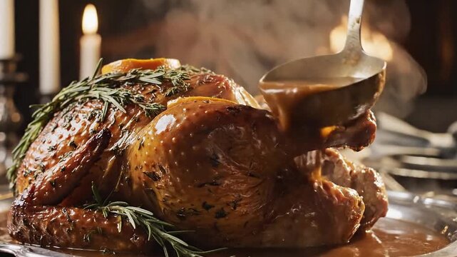 Slow cinematic push-in on a perfectly golden roasted Thanksgiving turkey, its appetizing, tactile texture highlighted as hot, steaming gravy is poured in a dark, moody dining room.