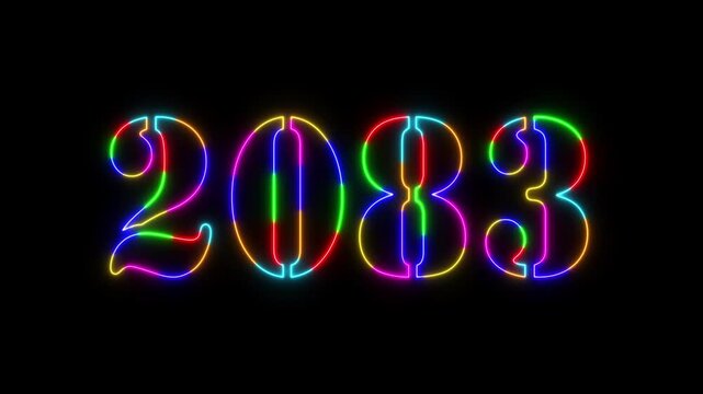 Abstract 2083 neon colourful text animation ,For neon colourful Glowing neon number text background 4k video animation .Digital font against a dark background with neon line looping animation.