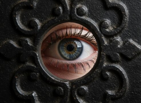 eye gazing through ornate keyhole symbolizing curiosity privacy and hidden truth in indoor setting with soft evening light