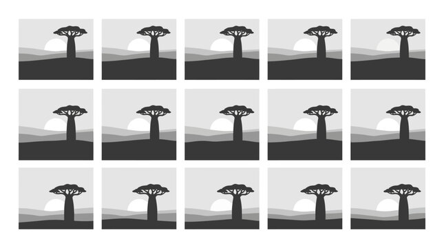 African baobab tree silhouettes against a landscape horizon.