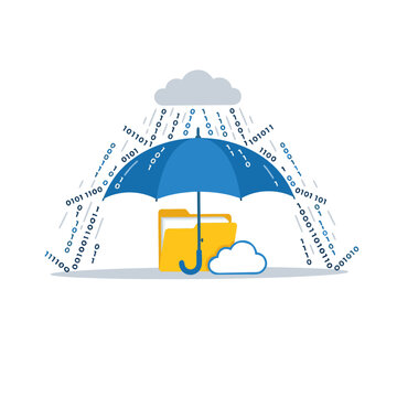 Cyber security concept of an umbrella protecting a data folder and cloud from binary rain, flat vector illustration