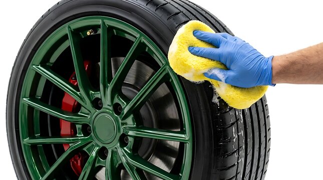 A person wearing a blue glove cleaning a car tire with a yellow sponge isolated on white background