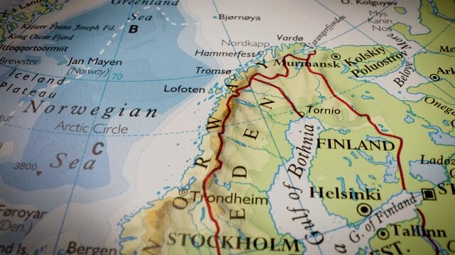 scandinavia map close up with gliding camera view over nordic countries