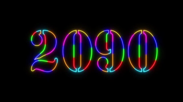Abstract 2090 neon colourful text animation ,For neon colourful Glowing neon number text background 4k video animation .Digital font against a dark background with neon line looping animation.