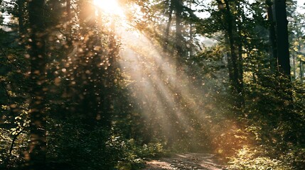 Obraz premium sunlight filtering through trees in forest, forest path with sunbeams