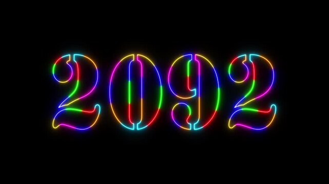 Abstract 2092 neon colourful text animation ,For neon colourful Glowing neon number text background 4k video animation .Digital font against a dark background with neon line looping animation.