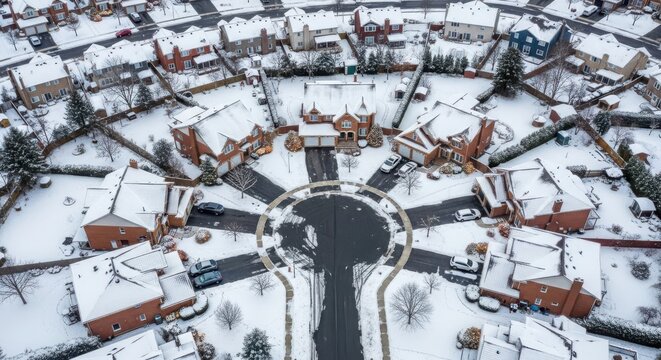 Aerial view of a snow-covered suburban cul-de-sac neighborhood with houses and cars during winter