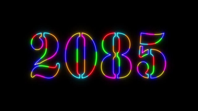 Abstract 2085 neon colourful text animation ,For neon colourful Glowing neon number text background 4k video animation .Digital font against a dark background with neon line looping animation.