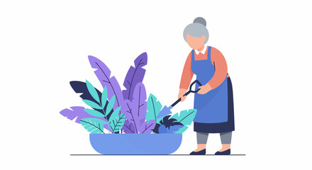 Fototapeta premium An old lady at work on her big plant in a pot with tool now