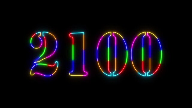 Abstract 2100 neon colourful text animation ,For neon colourful Glowing neon number text background 4k video animation .Digital font against a dark background with neon line looping animation.