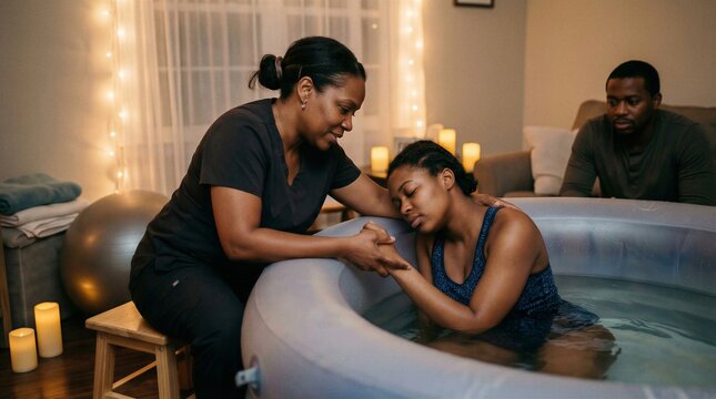 Doula supporting a woman during water birth with partner watching