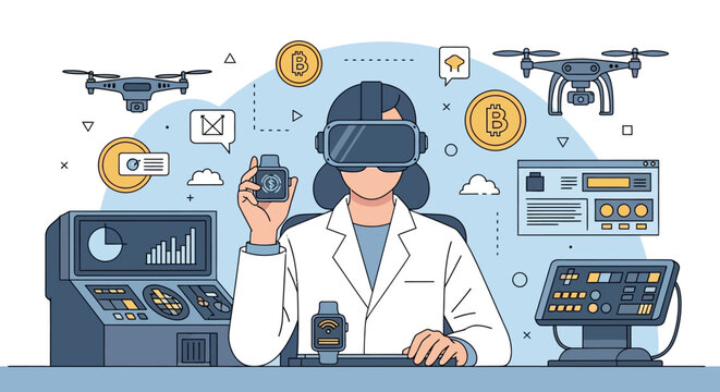 Scientist wearing VR headset in lab with drones and technology.