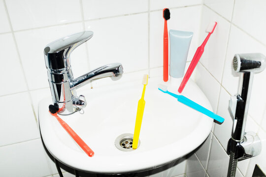 Everyday hygiene items toothbruhes, toothpaste and cosmetics 