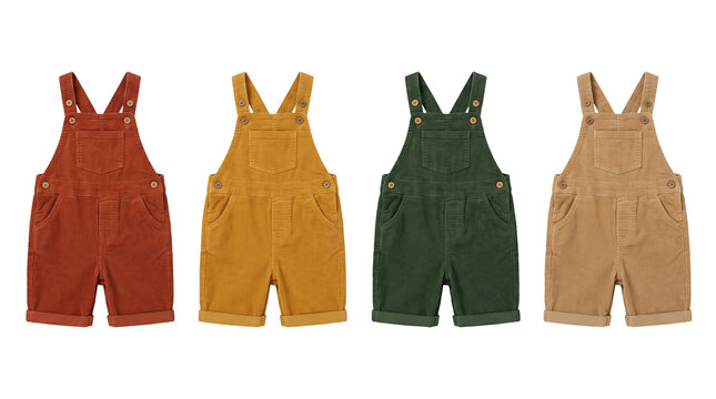 Set of four colorful corduroy toddler overall shorts for summer fashion high quality 4K PNG image in white background