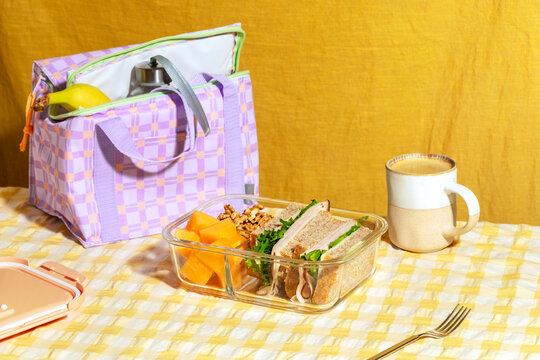Glass storage container filled with food