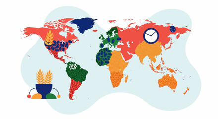 Naklejka premium Global food security map with agriculture diversity grain seeds crops distribution across world continents and regions