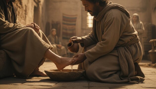 Man in humble robes pouring water from clay pitcher to wash feet of another person in ancient middle eastern setting