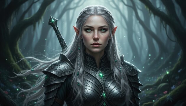 Ethereal elven warrior with long silver hair and glowing green eyes wears ornate dark armor while standing in enchanted misty forest pathway