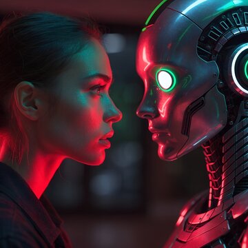 A captivating close encounter featuring a young woman face to face with an advanced humanoid robot illuminated by glowing vibrant neon lights