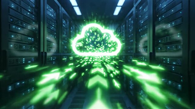 Glowing green digital cloud icon inside data center.