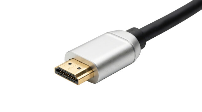 Close up of a silver and black HDMI cable connector plug with gold plated contacts on transparent background.