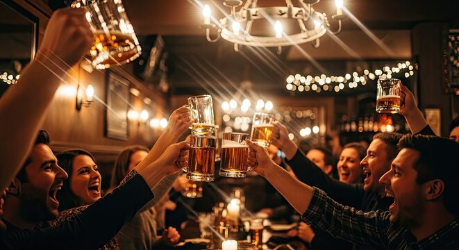 Friends cheering with glasses of beer in dark pub.