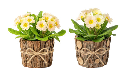 Obraz premium Two potted yellow primrose flowers in rustic bark wooden planters isolated on transparent background for home interior decoration.