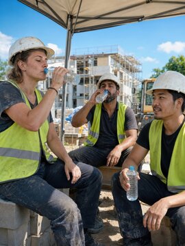 Drei Bauarbeiter machen im Schatten Trinkpause und trinken Wasser auf einer Baustelle. Arbeitsschutz, Teamwork und Hitzeschutz bei k&ouml;rperlicher Arbeit im hei&szlig;en Sommer.