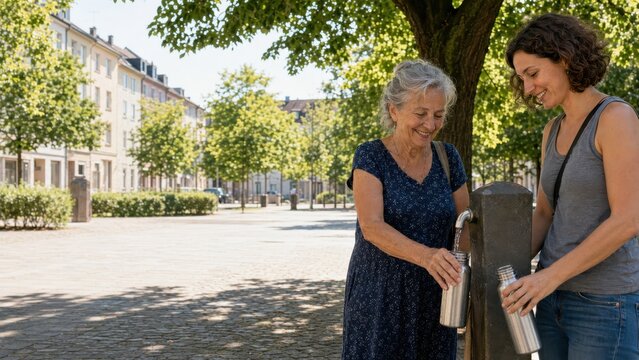 Seniorin und j&uuml;ngere Frau f&uuml;llen wiederverwendbare Trinkflaschen an einem &ouml;ffentlichen Brunnen. Nachhaltige Wasserversorgung und Hitzeschutz im sommerlichen Stadtalltag.