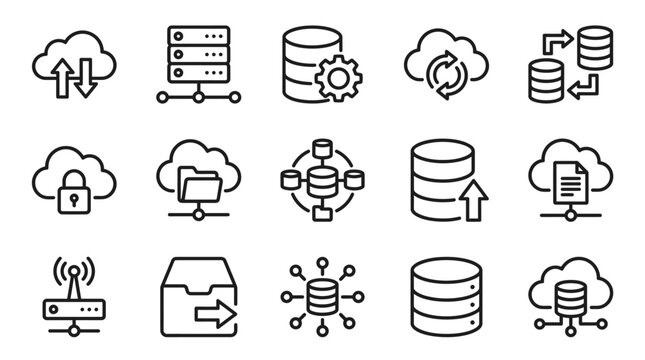 Corporate Icons Showcasing Cloud Computing Data Storage Networking and Security Concepts in Monochrome