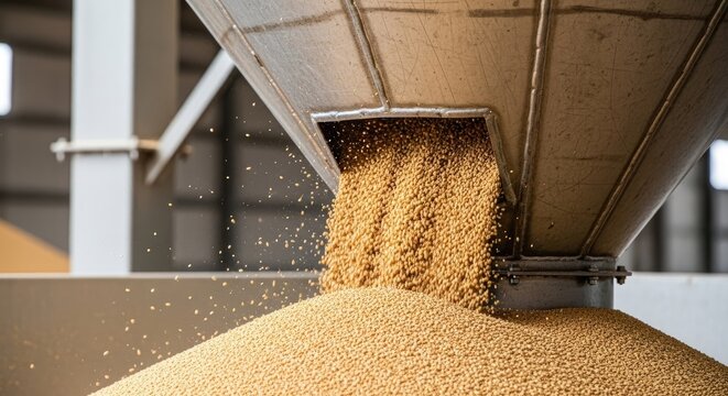 Golden grain pouring from a metal hopper or silo.