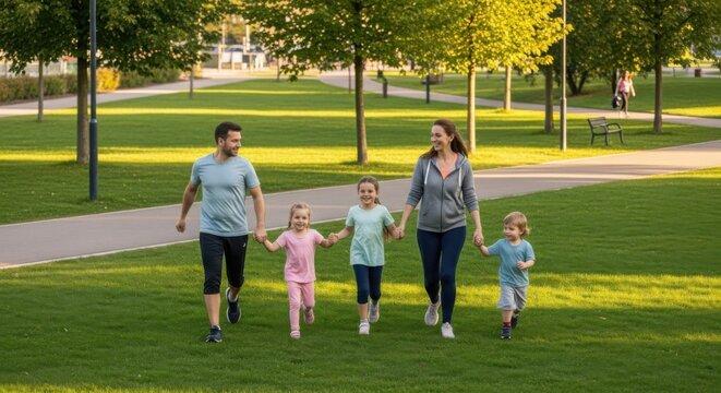 A happy family of five enjoys a brisk outdoor jog together on a sunny day in a lush green park, holding hands and smiling.