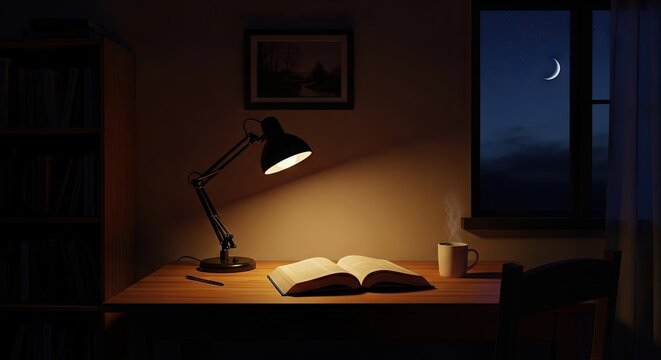 Cozy study desk with lamp book and crescent moon.