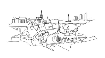 Fototapeta premium Minimalist black and white vector illustration depicting the famous luxembourg city skyline with historic bridges and iconic architectural landmark buildings