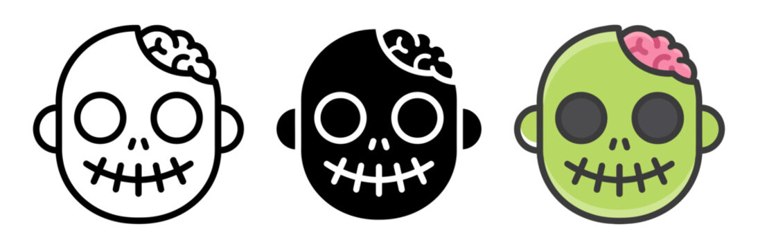 Zombie head icons with exposed brain in line and color styles