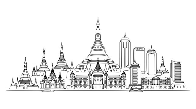 Detailed black and white vector illustration showing the famous skyline of Yangon city featuring traditional pagodas and modern tall buildings
