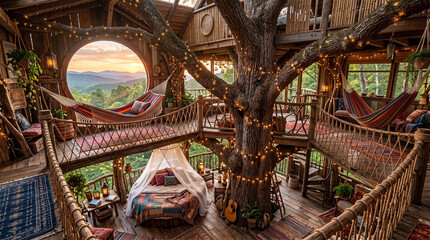 Obraz premium Luxurious wooden treehouse interior featuring a round window with sunset views and cozy hanging hammocks