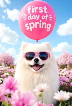 Happy samoyed dog wearing pink sunglasses with first day of spring balloon in flower field