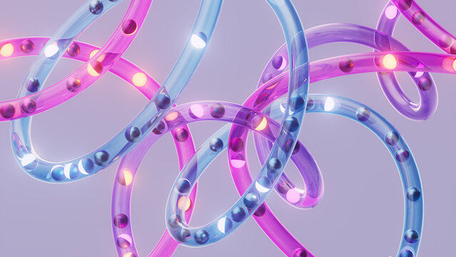 Pink and Blue Glass Tubes With Flowing Data Spheres