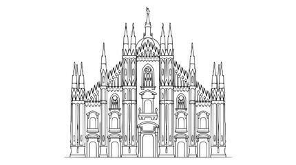Fototapeta premium Detailed vector illustration of the famous Milan cathedral featuring intricate gothic architectural elements and sharp clean black outline graphic lines