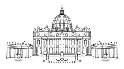 Obraz premium Minimalist black and white vector illustration of saint peters basilica in vatican city featuring detailed architectural lines and structure