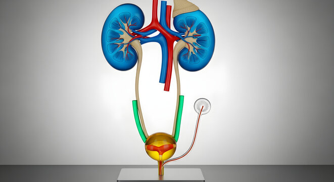 Full human urinary system model including kidneys ureters and bladder for medical anatomy.