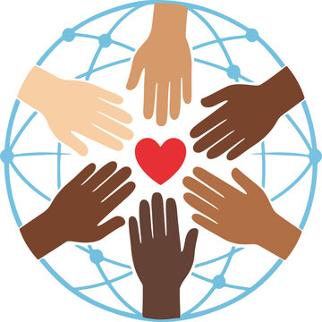 Global-Unity Vector Illustration Of Diverse Hands Around Heart And World Network