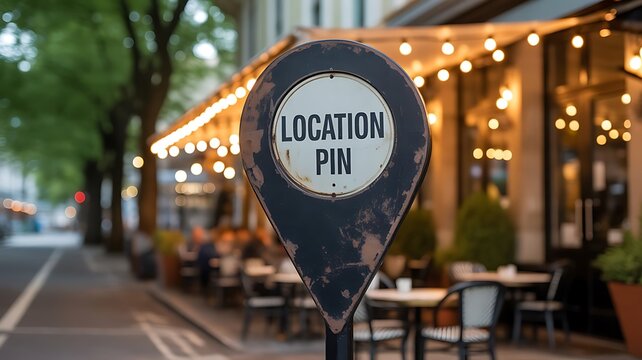 Decorative metal location pin sign with text standing on pedestal in front of blurred restaurant terrace with warm string lights at evening