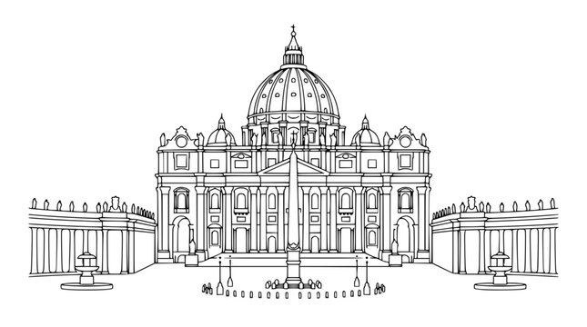 Minimalist black and white vector illustration of saint peters basilica in vatican city featuring detailed architectural lines and structure