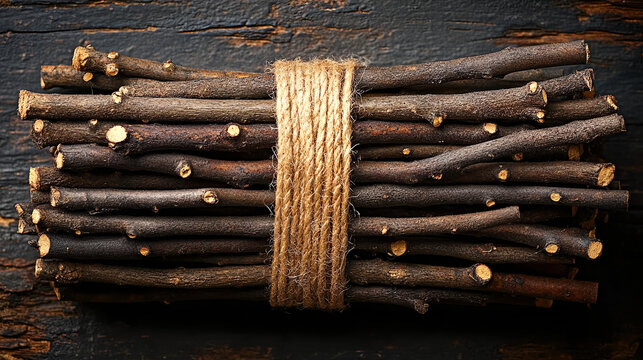 Bundle of wooden twigs tied with jute twine on a dark rustic surface.