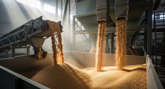 Golden grain pouring into large industrial storage bin.