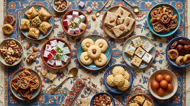 assorted traditional confections and sweet delicacies arranged on vintage patterned tablecloth detailed overhead composition  traditional sweets dessert assortment peanut brittle pacoca candy