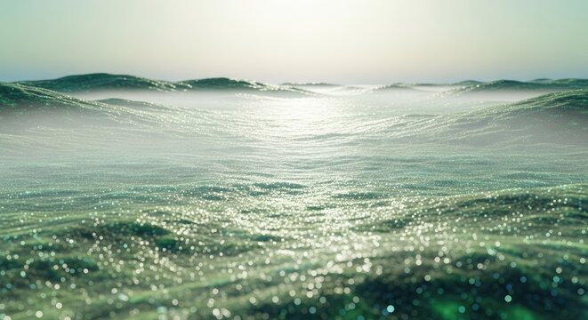 Turbulent green ocean waves under bright daylight sky.